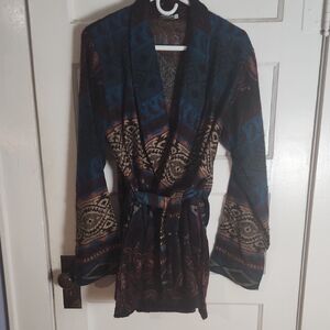 EARTHBOUND Teal, Black and Brown Patterned Wrap Robe